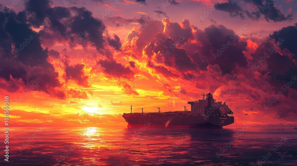 Cargo ship sailing away against colorful sunset Cargo ship sailing away against colorful sunset