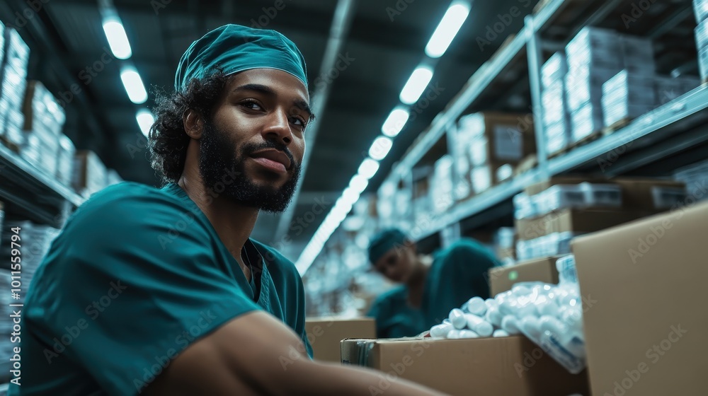 Fototapeta premium A male surgeon in scrubs meticulously organizes medical supplies in a hospital storage area, showcasing careful attention and orderly management within a healthcare setting.