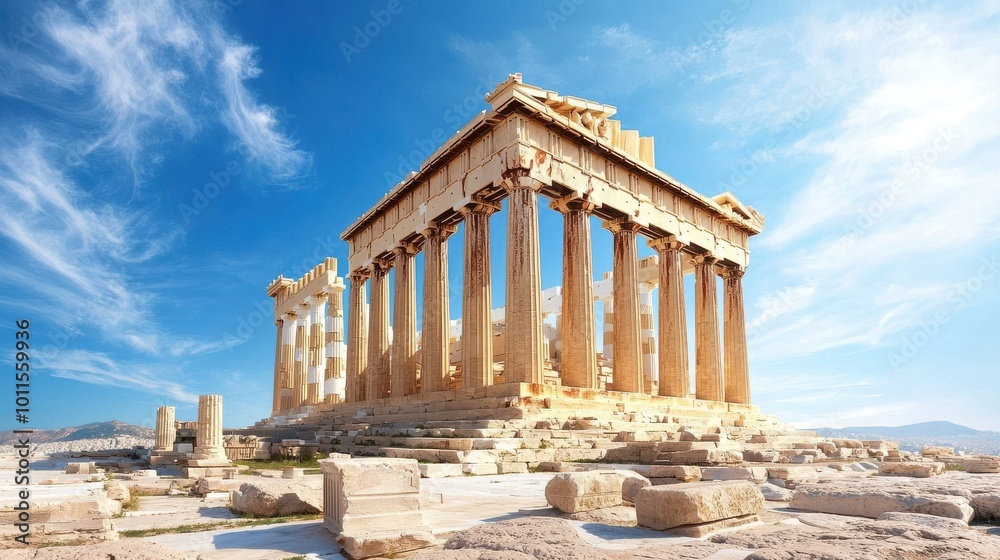 A wide-angle view of the Parthenon in Athens, emphasizing its towering columns and symmetrical architecture. A wide-angle view of the Parthenon in Athens, emphasizing its towering columns and symmetrical architecture.
