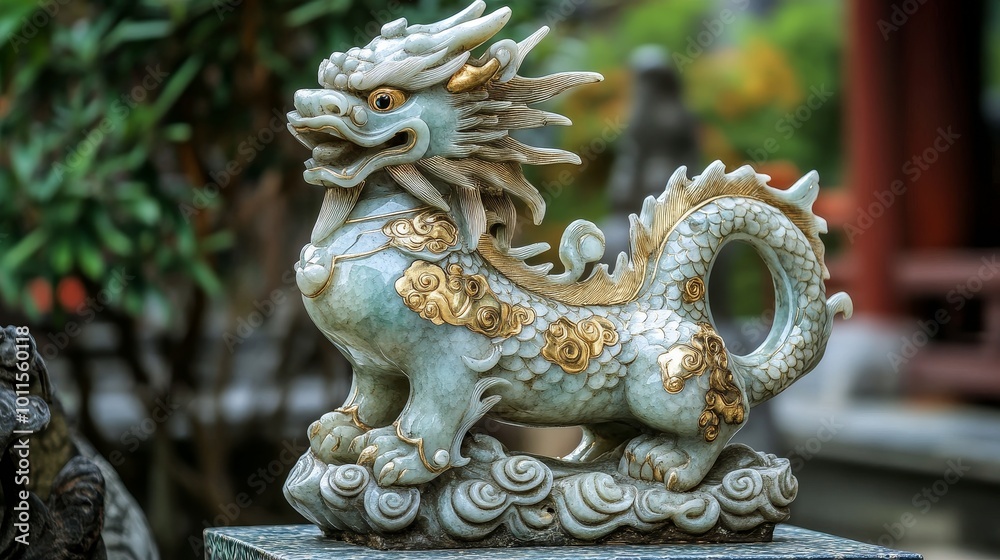 Jade and Gold Qilin in Ornate Chinese Garden, symbolizing nobility and prosperity, showcasing intricate details amidst lush greenery Jade and Gold Qilin in Ornate Chinese Garden, symbolizing nobility and prosperity, showcasing intricate details amidst lush greenery