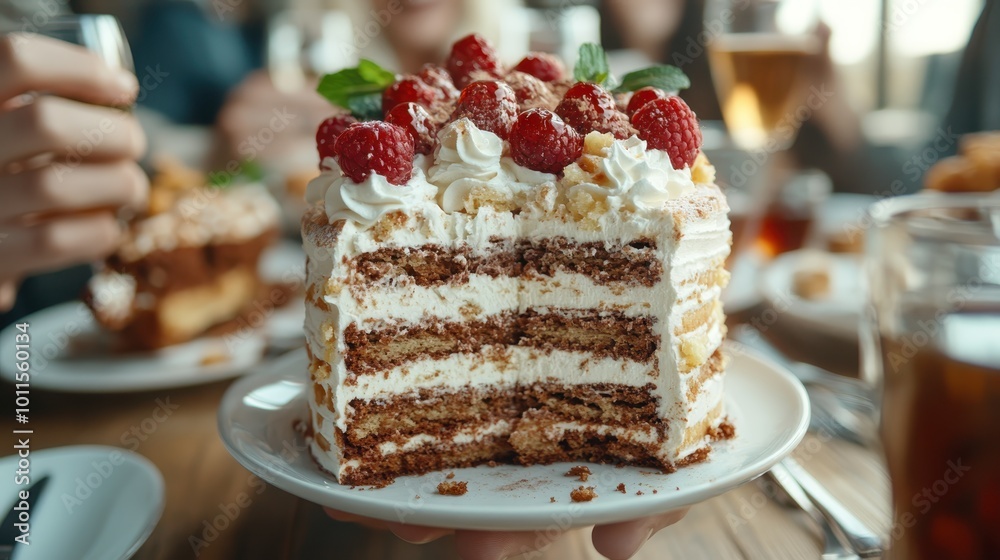 A layered cake with raspberries and cream towers elegantly on a plate, embodying a sense of celebration and joy, with unseen friends sharing the moment.
