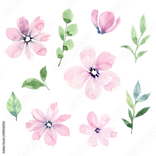 Loose watercolor pink flowers and green leaves - abstract illustartion for patterns, wedding design, elegant fabric and textile design