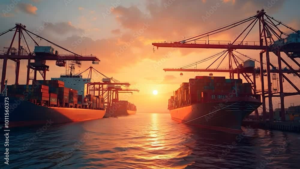 Cargo Ships at a Busy Port with Cranes Against a Dramatic Sunset Cargo Ships at a Busy Port with Cranes Against a Dramatic Sunset