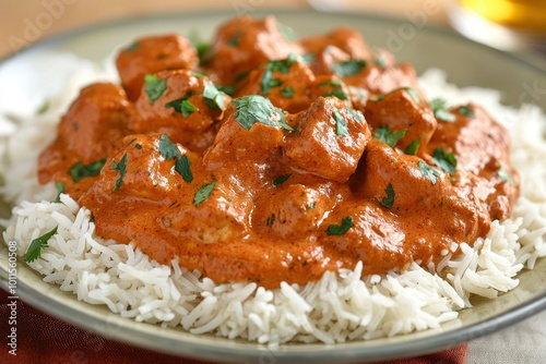 Chicken Tikka Masala with White Rice and Cilantro Garnish