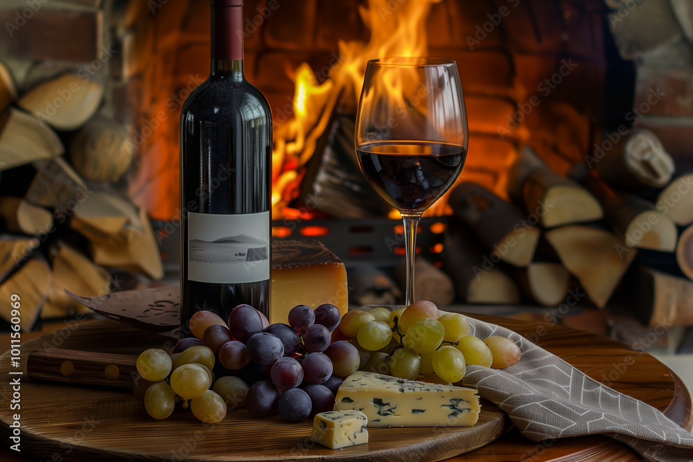 Obraz premium Photograph of a rustic scene with a glass of wine and cheese with a fireplace in the background.