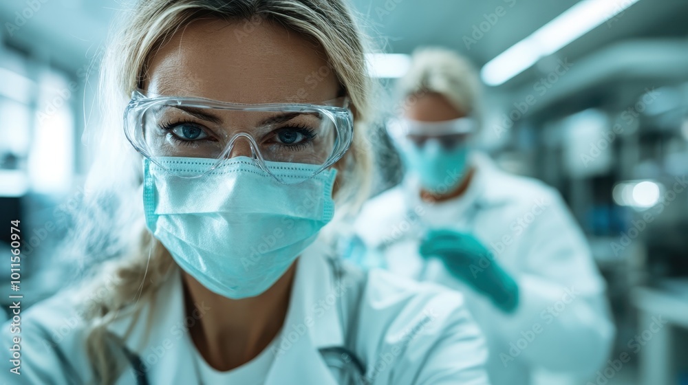 A determined medical worker wears protective goggles and masks, illustrating dedication and focus during critical examination in a clean clinical setting. A determined medical worker wears protective goggles and masks, illustrating dedication and focus during critical examination in a clean clinical setting.