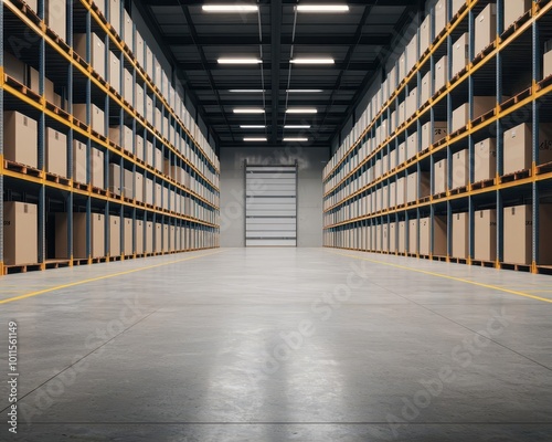 Large warehouse interior with expansive aisles, towering racks, and multiple loading bays, Warehouse, Large-Scale Storage