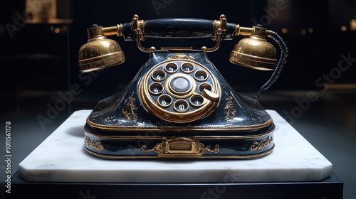 Vintage rotary telephone with ornate design on a marble base. photo