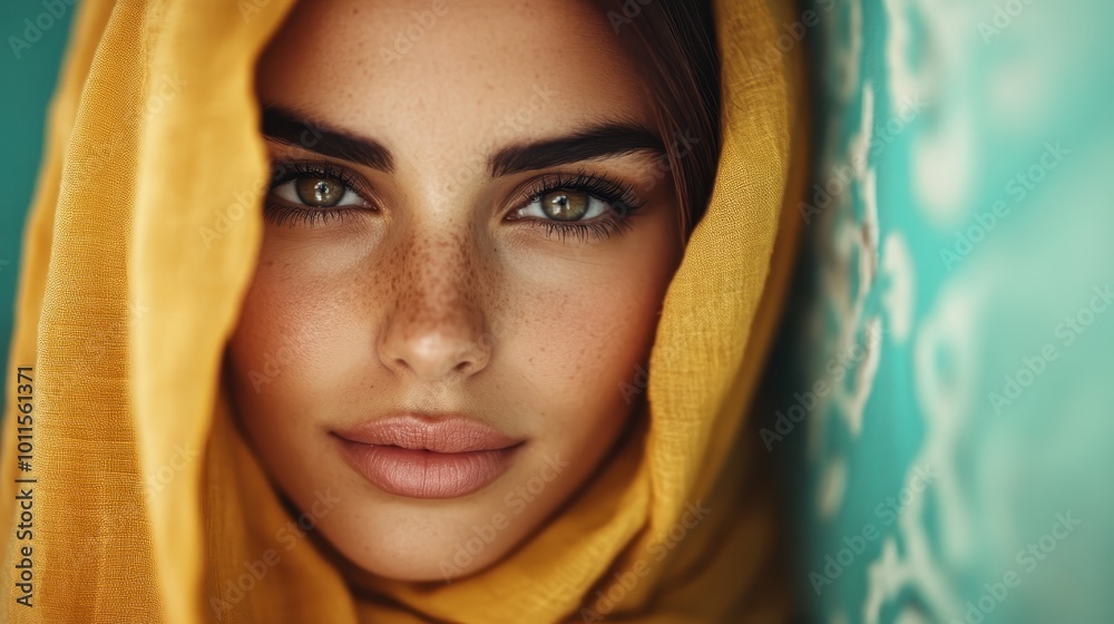 A captivating portrait of a woman with intensely mesmerizing eyes and perfectly shaped eyebrows, wrapped in a vibrant yellow scarf, offering a striking visual appeal. A captivating portrait of a woman with intensely mesmerizing eyes and perfectly shaped eyebrows, wrapped in a vibrant yellow scarf, offering a striking visual appeal.