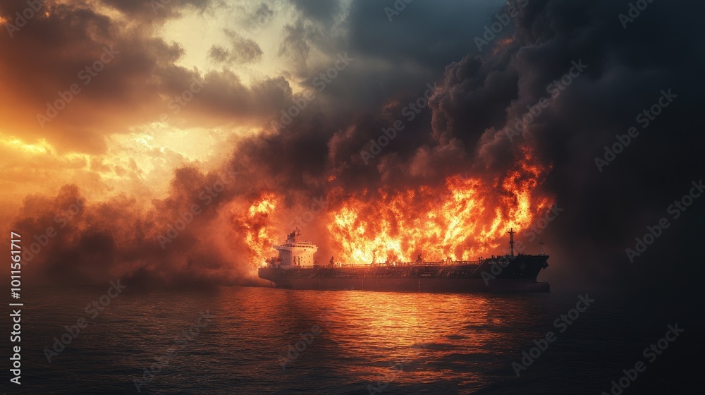 Large general cargo ship for logistic import export goods and other the explosion and had a lot of fire and smoke at sea in evening Large general cargo ship for logistic import export goods and other the explosion and had a lot of fire and smoke at sea in evening