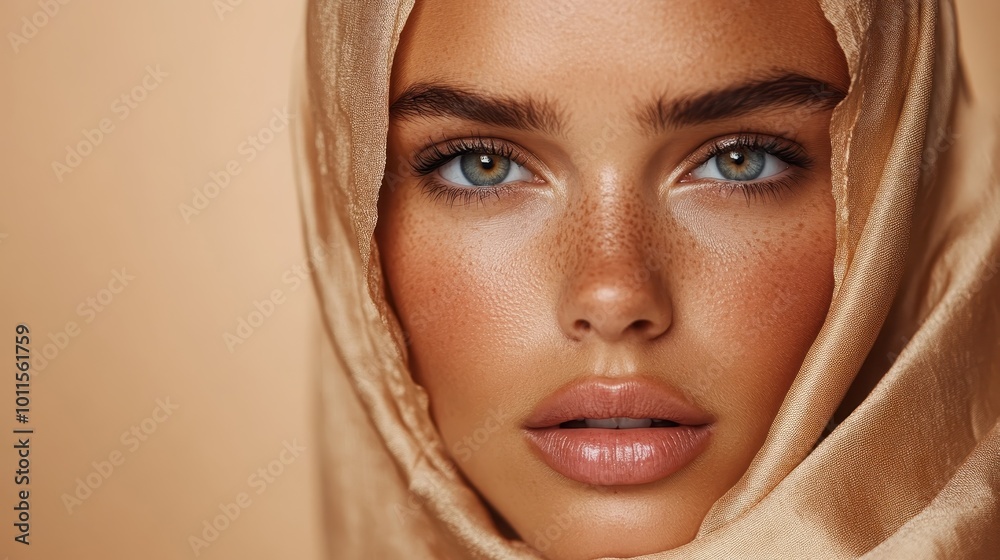 An exquisite portrait of a woman wearing a shimmering headscarf, her deep eyes and radiant complexion creating an ethereal look, exemplifying elegance and simplicity. An exquisite portrait of a woman wearing a shimmering headscarf, her deep eyes and radiant complexion creating an ethereal look, exemplifying elegance and simplicity.
