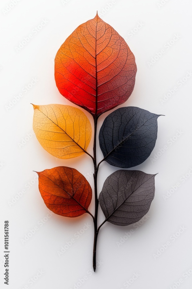 A branch with four translucent leaves in vivid colors, including orange, blue, yellow, and white, arranged on a white backdrop. A branch with four translucent leaves in vivid colors, including orange, blue, yellow, and white, arranged on a white backdrop.