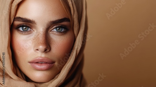 A stunning close-up of a woman adorned in a beige headscarf, her vibrant eyes and freckles creating a mesmerizing contrast, exemplifying natural allure and individuality.