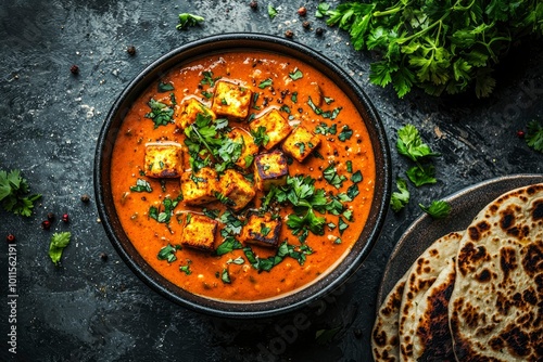 Indian Paneer Curry with Naan Bread and Parsley Garnish