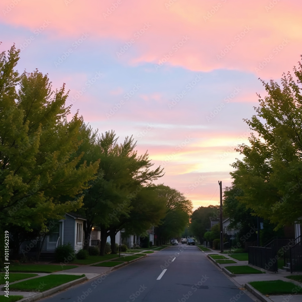 Quiet Suburban Street at Sunset with Colorful Sky Quiet Suburban Street at Sunset with Colorful Sky