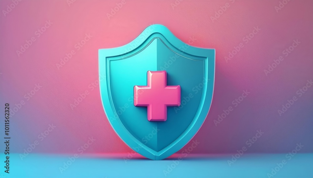 Obraz premium A stylized 3D shield features a medical cross, blending colors of teal and pink, symbolizing health protection and safety.