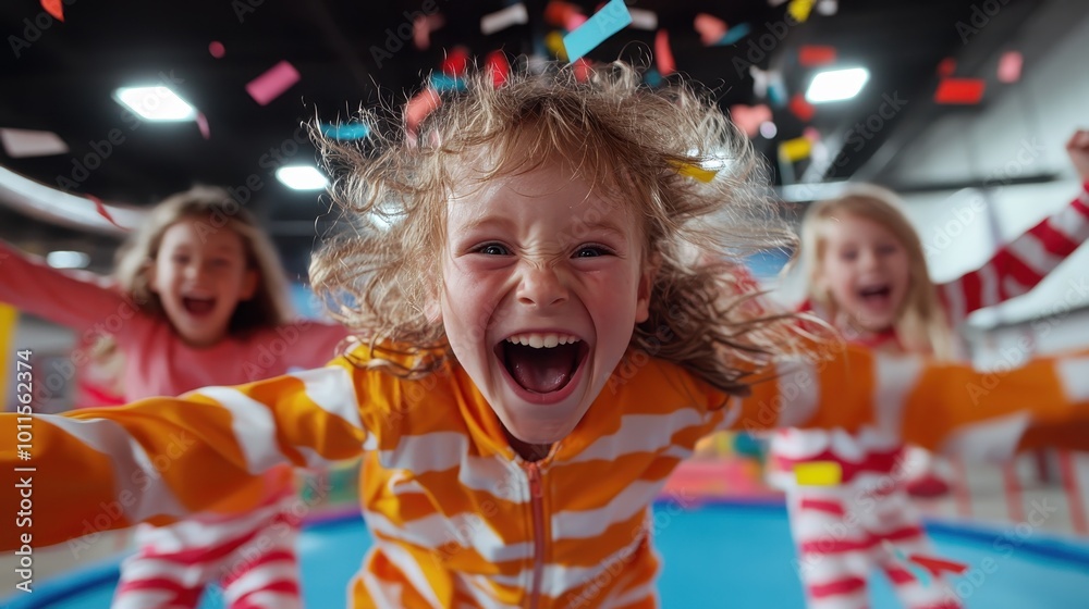 Group of jubilant children leaping energetically inside with arms outstretched, surrounded by vibrant confetti, capturing the essence of happiness and celebration.