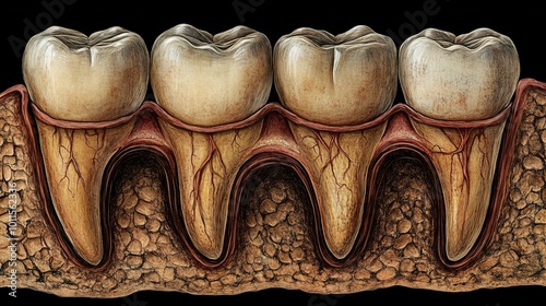 an A detailed diagram of the human tooth structure, including enamel, dentin, pulp, and root. photo