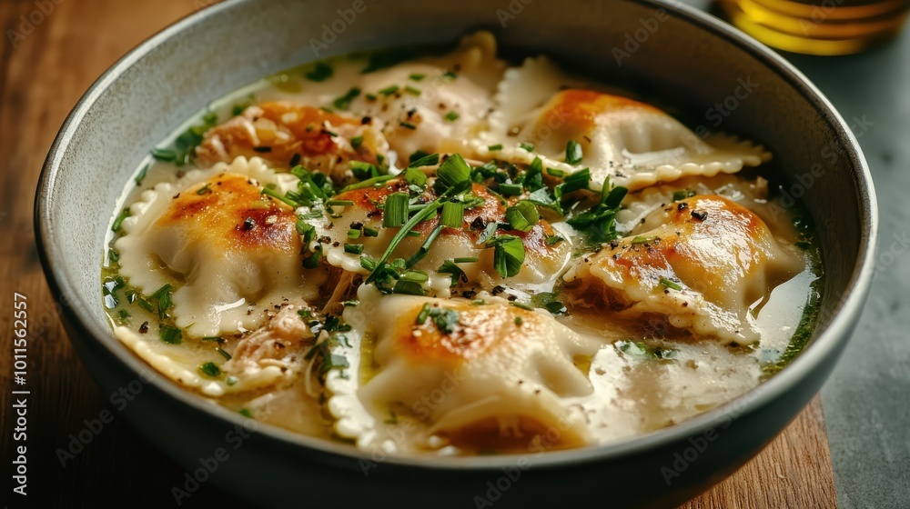 This visually appealing bowl of ravioli chicken soup is garnished thoughtfully with fresh herbs and spices, evoking a sense of home-cooked comfort and delight. This visually appealing bowl of ravioli chicken soup is garnished thoughtfully with fresh herbs and spices, evoking a sense of home-cooked comfort and delight.