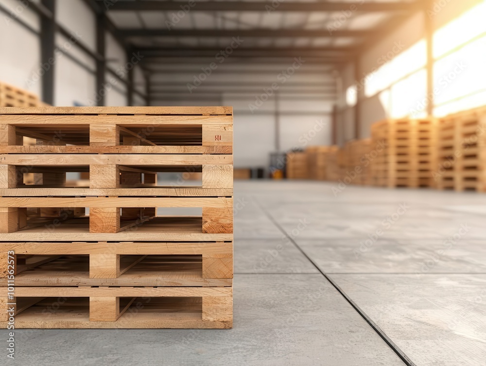 Warehouse interior with large wooden pallets, metal racks, and an efficient truck loading dock, Warehouse, Pallet Storage