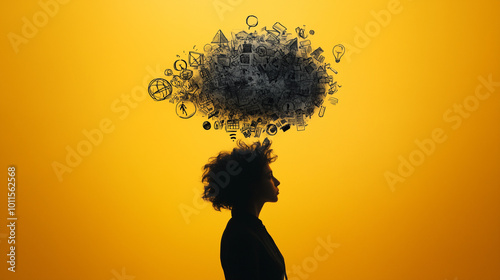 illustration of brainfog and confusion. silhouette of woman with thought bubble full of symbols and information. foggy cloud covering up clearness of ideas and thinking processes. yellow background photo