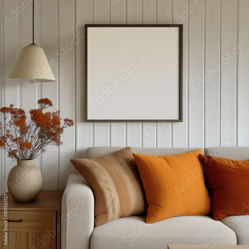 Mockup of a 1x1 dark wooden square frame in a country living room with a sofa. Modern cottage, farmhouse, cozy home interior. Artwork, poster, art print, mockup.