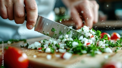 A chef's hands skillfully chop onions, parsley, and tomatoes on a wooden board, capturing the essence of culinary precision and freshness in vibrant colors. photo