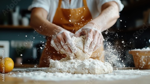 The baker's hands, covered in flour, expertly work dough on a countertop, embodying the tactile artistry and satisfaction of creating homemade bread.