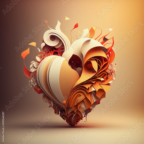 Coeur de couleur blanche et rouge avec des fleurs et des roses, illustration en 3D du coeur humain