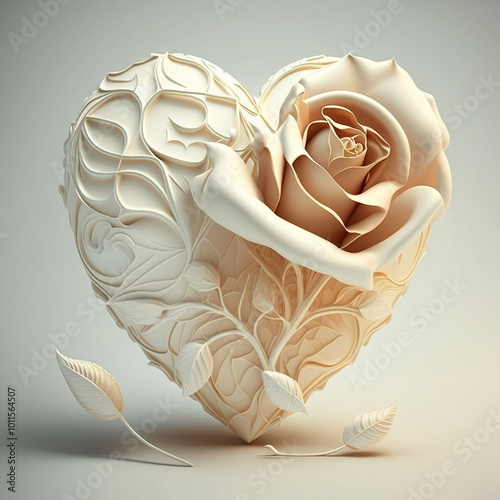 Coeur de couleur blanche et rouge avec des fleurs et des roses, illustration en 3D du coeur humain