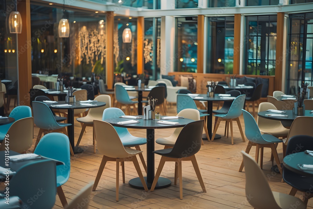 Upscale restaurant with multicolored chairs, warm lighting, and large glass windows Upscale restaurant with multicolored chairs, warm lighting, and large glass windows