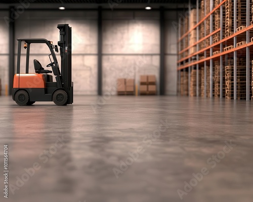 Industrial warehouse with heavy-duty metal shelving, forklifts, and a bustling loading dock area, Warehouse, Industrial Storage