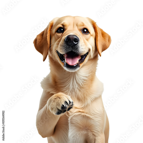 Smiling Golden Retriever Dog Paw Up Black Background