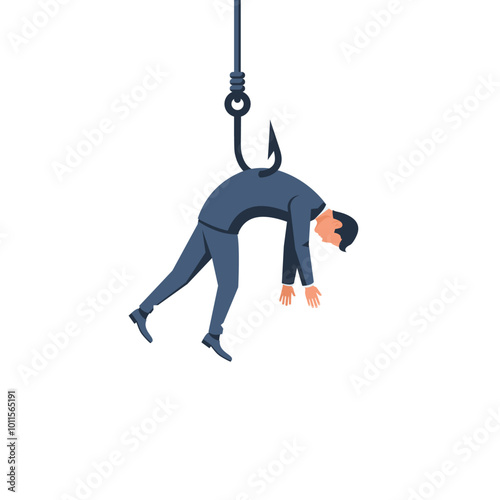 Businessman on the hook. Human hanging on fishing hook. Business bait. The man was caught in a trap. Vector illustration flat design. Isolated on white background.