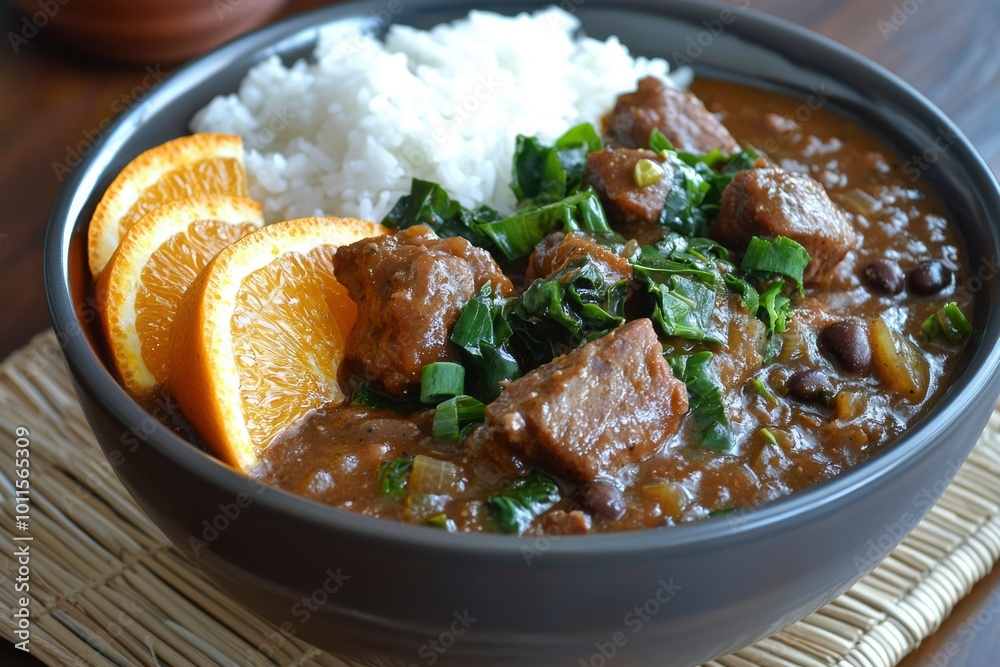 Bowl of Beef Stew with Black Beans, Greens, Rice, and Orange Slices