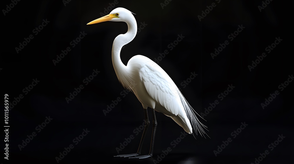 Fototapeta premium Great Egret Bird on Black Background, Photo Realistic, Pattern Background, Wallpaper, Cover and Screen for Smartphone, PC, Laptop, 9:16 and 16:9 Format