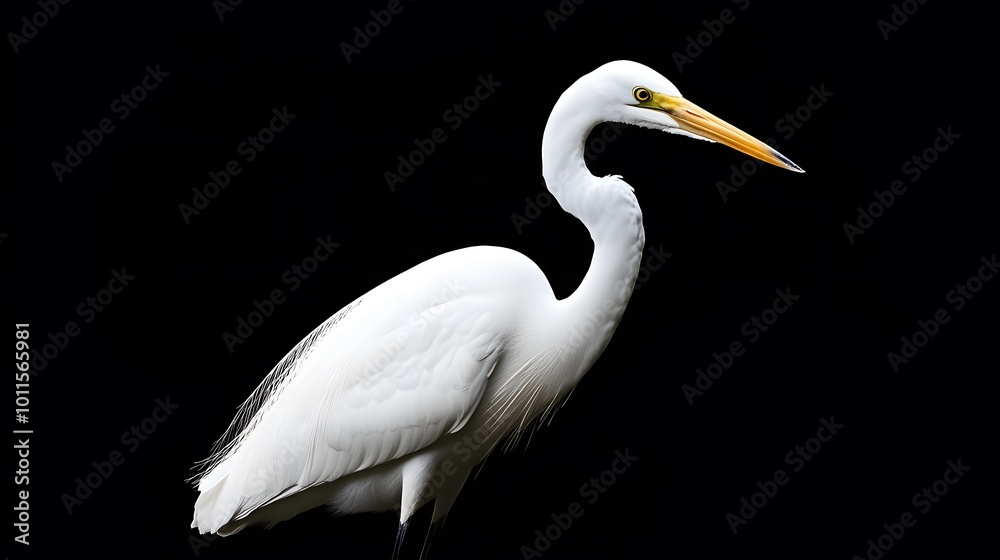 Fototapeta premium Great Egret Bird on Black Background, Photo Realistic, Pattern Background, Wallpaper, Cover and Screen for Smartphone, PC, Laptop, 9:16 and 16:9 Format