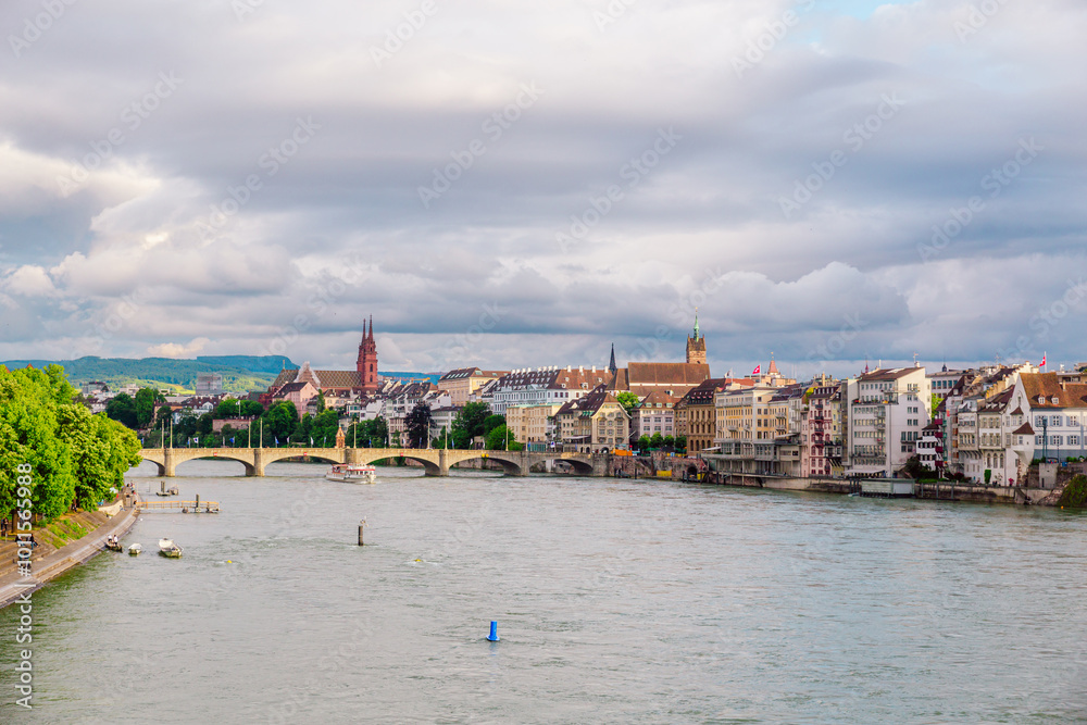 Obraz premium Aerial Panoramic View of Historic Basel Overlooking Rhine River