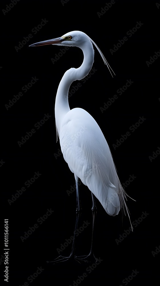 Obraz premium Great Egret Bird on Black Background, Photo Realistic, Pattern Background, Wallpaper, Cover and Screen for Smartphone, PC, Laptop, 9:16 and 16:9 Format