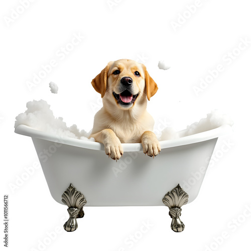 A golden labrador retriever sits in a white bathtub filled with soapy bubbles, smiling and looking directly at the viewer. on transparent background.  photo