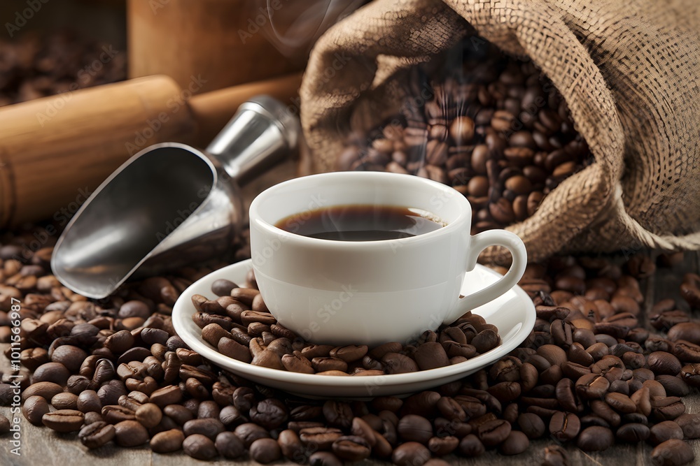 Rustic coffee setup with steaming cup, beans, and burlap sack evokes warmth Rustic coffee setup with steaming cup, beans, and burlap sack evokes warmth