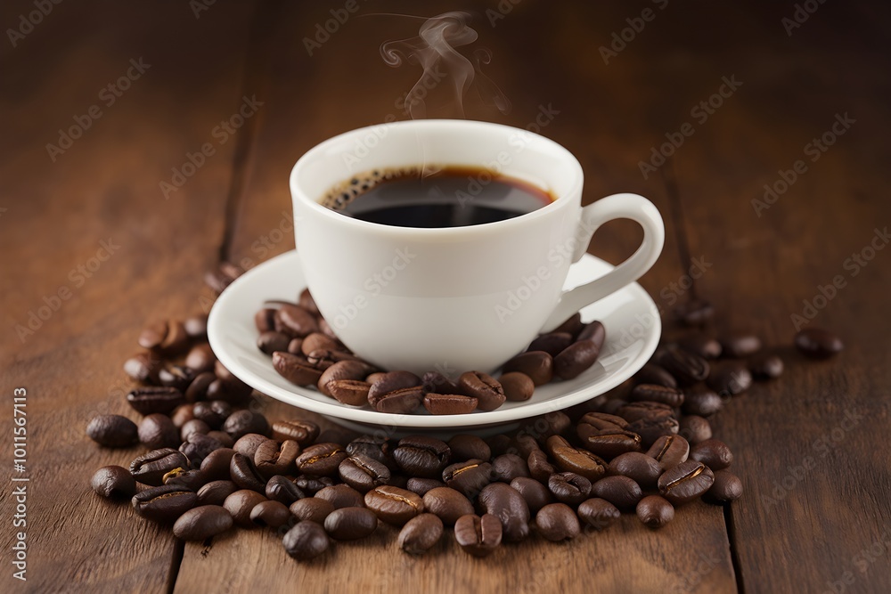 White coffee cup with beans scattered on wooden surface, peaceful morning vibe White coffee cup with beans scattered on wooden surface, peaceful morning vibe