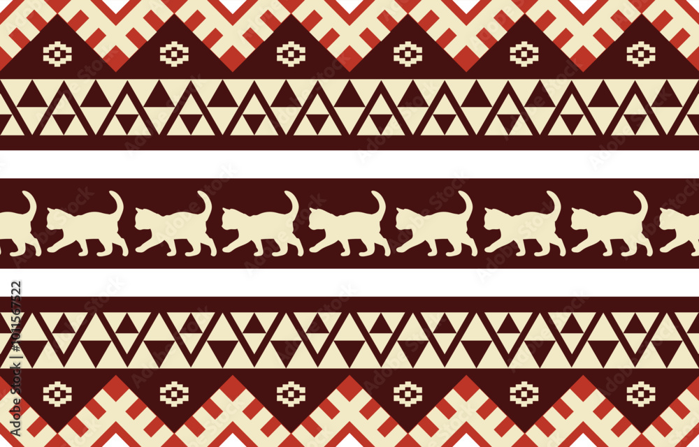 Cat pattern. Seamless. White stripes, colorful background. Ethnicity. Floral patterns, printed fabrics, pants, Lanna. Cat pattern. Seamless. White stripes, colorful background. Ethnicity. Floral patterns, printed fabrics, pants, Lanna.