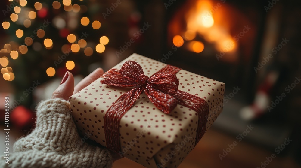 A beautifully wrapped gift held near a cozy fireplace. A beautifully wrapped gift held near a cozy fireplace.
