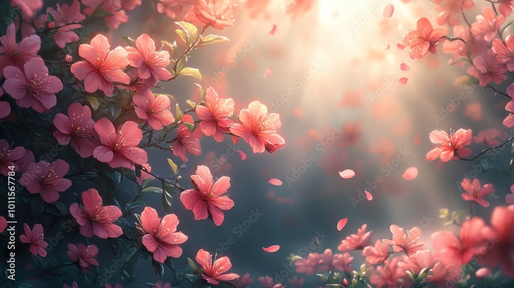 A serene scene of blooming pink flowers illuminated by soft light. A serene scene of blooming pink flowers illuminated by soft light.