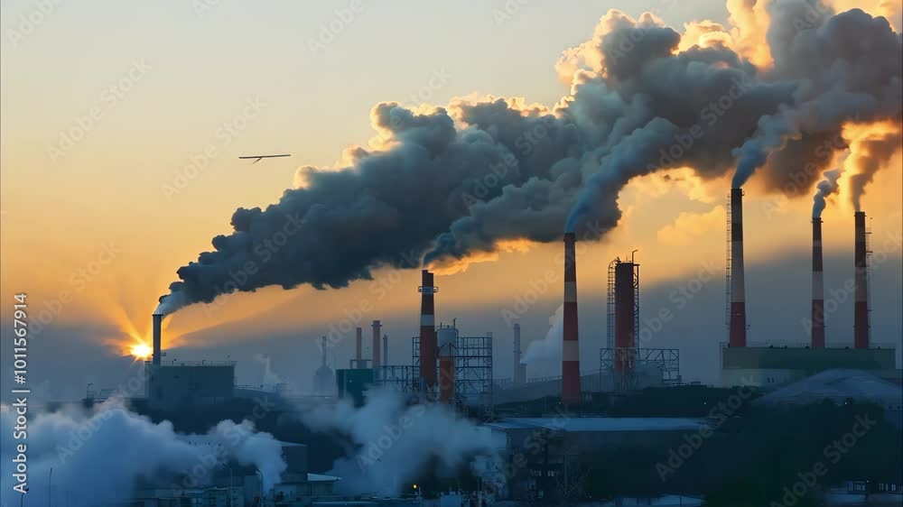 A skyline filled with industrial smokestacks emitting thick clouds of smoke against a sunset backdrop. A skyline filled with industrial smokestacks emitting thick clouds of smoke against a sunset backdrop.