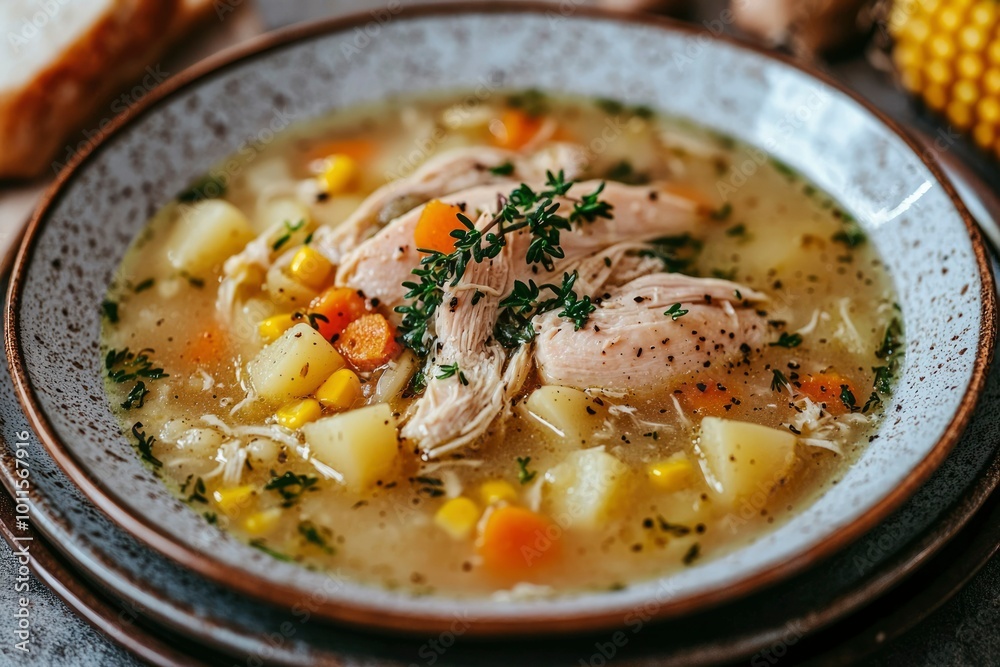 Chicken and Vegetable Soup in a Bowl with Thyme Garnish Chicken and Vegetable Soup in a Bowl with Thyme Garnish
