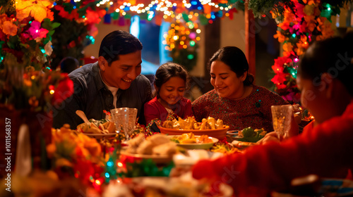 Happy Hispanic family celebrating Christmas and New Year holidays.