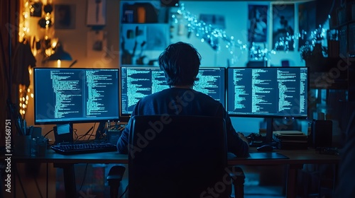 A young man sits in front of three monitors, working late into the night.