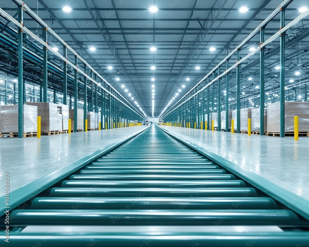 Warehouse interior with automated stacking systems, conveyor belts, and an advanced truck loading dock, Warehouse, Automated Stacking Warehouse interior with automated stacking systems, conveyor belts, and an advanced truck loading dock, Warehouse, Automated Stacking